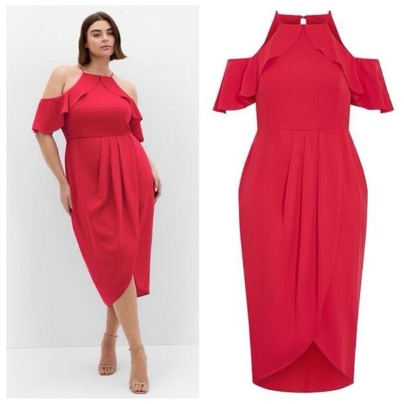 NWT City Chic Love Siren Ruffle Shoulder MIDI Dress - siren red Size 18 Faux Wra - Picture 1 of 16